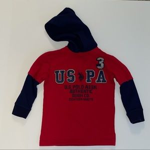 US Polo Assn Red & Blue Long Sleeve Hoodie, Size 4.
